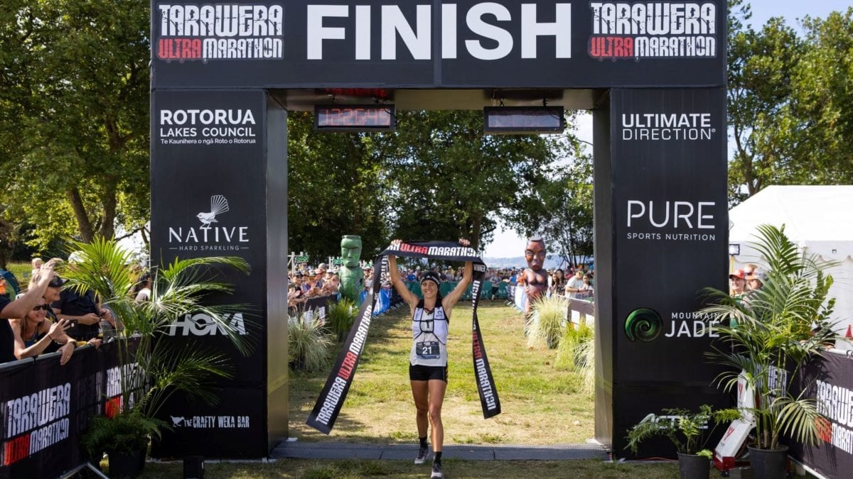 210222 Ruth Croft winning the 102km Tarawera Ultramarathon Photo Graeme Murray 1200x675